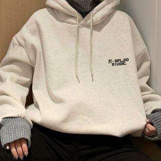 Mock Two-piece Turtleneck Lettering Print Drawstring Hoodie