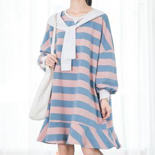 Long Sleeve Lace-up Striped Loose Dress