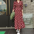 Heart Print Wrap-front Long Dress Wine Red - One Size