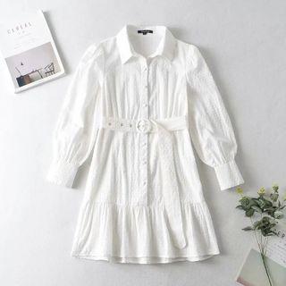Long-sleeve Buckled A-line Shirt Dress