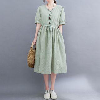 Gingham Drawstring-waist Midi A-line Dress