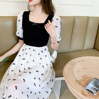 Puff-sleeve Star Print Paneled Midi A-line Dress