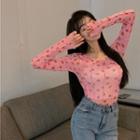 Long-sleeve Print Mesh T-shirt Pink - One Size