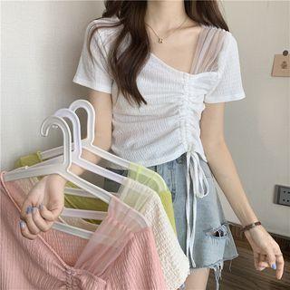 Short-sleeve Square-neck Drawstring Mesh Panel Top