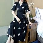 Dotted Short-sleeve V-neck Midi A-line Dress