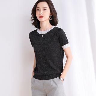 Contrast Trim Short-sleeve Glitter Knit Top