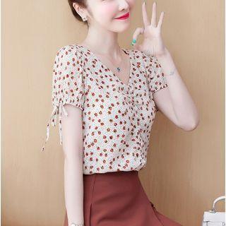Floral Short-sleeve Shirred Chiffon Blouse