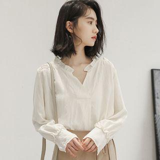 Ruffle Trim Split-neck Blouse