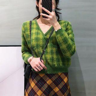 Cropped Plaid Cardigan Plaid - Green - One Size