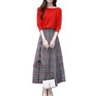 Set: Elbow-sleeve Top + Plaid A-line Midi Skirt