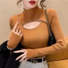 Mock-neck Rhinestone Cutout Knit Top