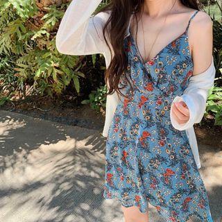 Spaghetti Strap Floral Print A-line Mini Dress / Cardigan