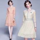 3/4-sleeve Contrast Trim A-line Lace Dress