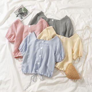 Short-sleeve Plaid Button Top