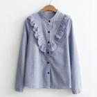 Frilled Striped Stand Collar Long-sleeve Shirt