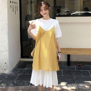 Set: Short-sleeve Midi Dress + Dotted Strappy Dress