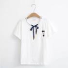 Short-sleeve Tie-neck Rabbit Embroidery T-shirt