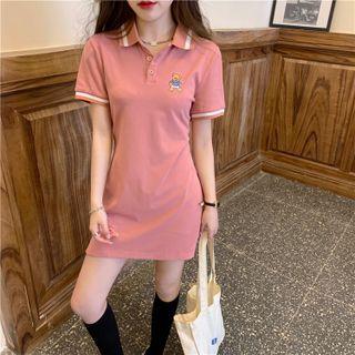 Short-sleeve Bear Embroidered Mini Sheath Polo Dress