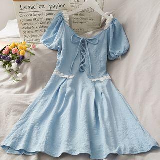 Embossed Lace-trim Lace-up Mini Dress