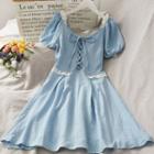 Embossed Lace-trim Lace-up Mini Dress