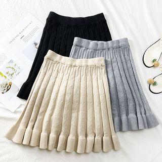 Ruffled-hem Pleated Knit Skirt