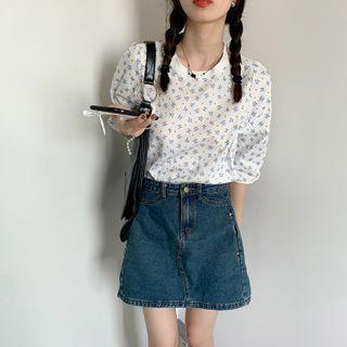 Short-sleeve Floral Printed Top Floral Top - One Size