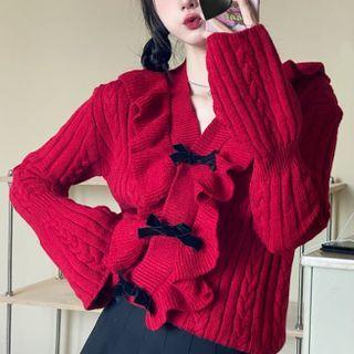 V-neck Ruffled Trim Knit Sweater