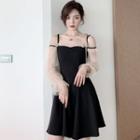 Long-sleeve Cold Shoulder Frill Trim Mini A-line Dress