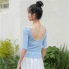 Open Back Plain Cropped Top With Chain Blue - One Size
