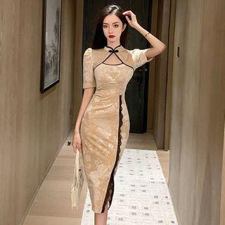 Lace Trim Short-sleeve Velvet Qipao