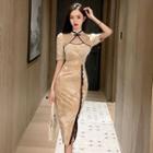 Lace Trim Short-sleeve Velvet Qipao