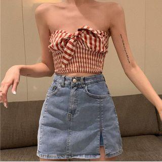 Tie Neck Plaid Tube Top / High-waist Asymmetric Denim Skirt
