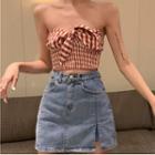 Tie Neck Plaid Tube Top / High-waist Asymmetric Denim Skirt