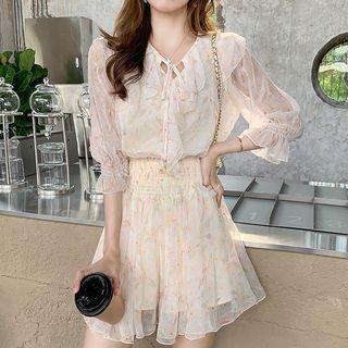 Set: Elbow-sleeve Floral Blouse + Mini A-line Skirt