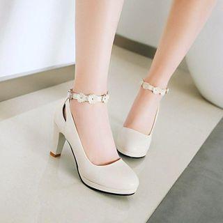 Flower Ankle Strap Faux Leather High Heel Pumps