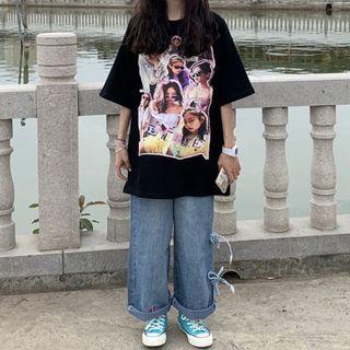 High-waist Washed Bow Straight Leg Jeans