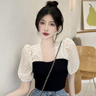 Puff-sleeve Dotted Two-tone Top