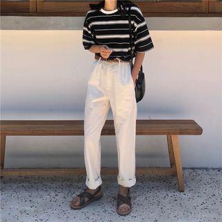 Striped Short-sleeve T-shirt / Straight Cut Pants