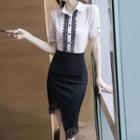 Set: Short-sleeve Lace Trim Shirt + Asymmetric Pencil Skirt