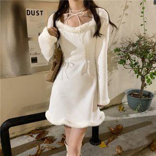 Long-sleeve Fleece Trim Mini A-line Dress