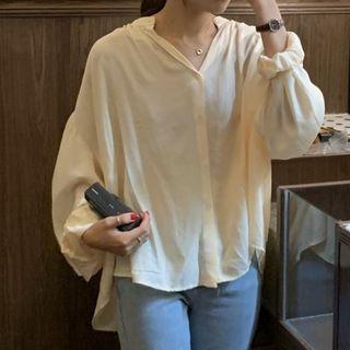 Lantern-sleeve V-neck Blouse White - One Size