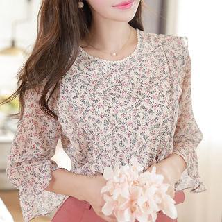 Lace-neckline Ruffle-trim Floral Top