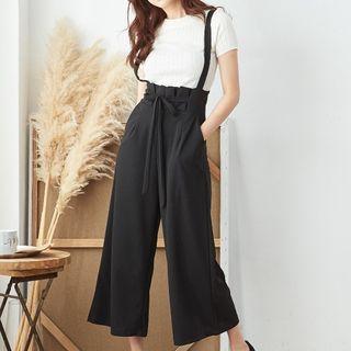 Cropped Wide Leg Suspender Pants Black - One Size