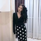 Ribbed Wrap Knit Top / Dotted Pencil Skirt