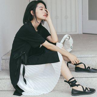 Set: Short-sleeve Side-tie T-shirt Dress + Accordion Pleat Slipdress