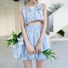 Sleeveless Jacquard Bow Accent Crop Top / Mini Skirt