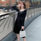 Long-sleeve Lace-trim Velet Dress