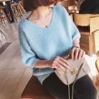 Elbow-sleeve Furry Knit Pullover