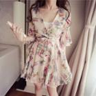 Short-sleeve Floral Printed V-neck A-line Dress