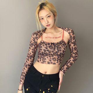 Set: Leopard Print Cropped Blouse + Camisole Top